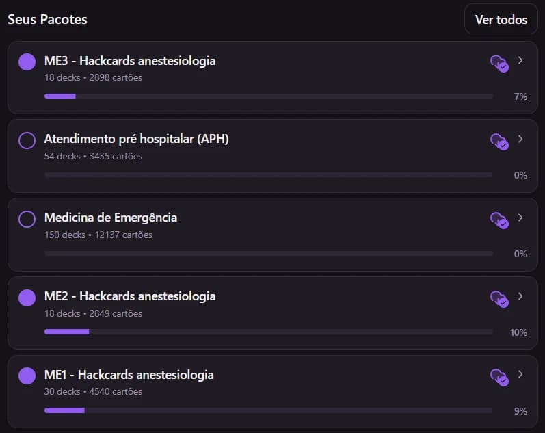 Pacotes da biblioteca do HackCards com ME1, ME2, ME3, APH e Medicina de Emergência.