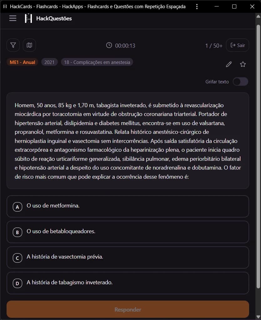 Questão real do HackQuestões identificada por prova, ano e tema, com alternativas e botão Responder.